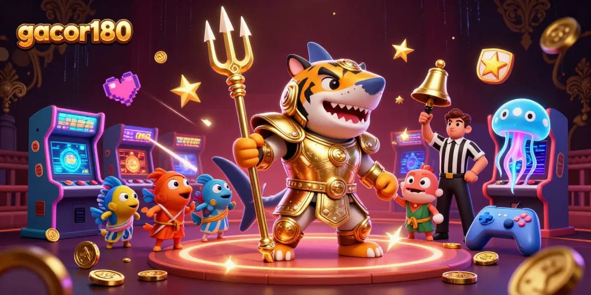 Gacor180 menyajikan ilustrasi kasino 3D yang menakjubkan dengan hiu kartun berperan sebagai gladiator.