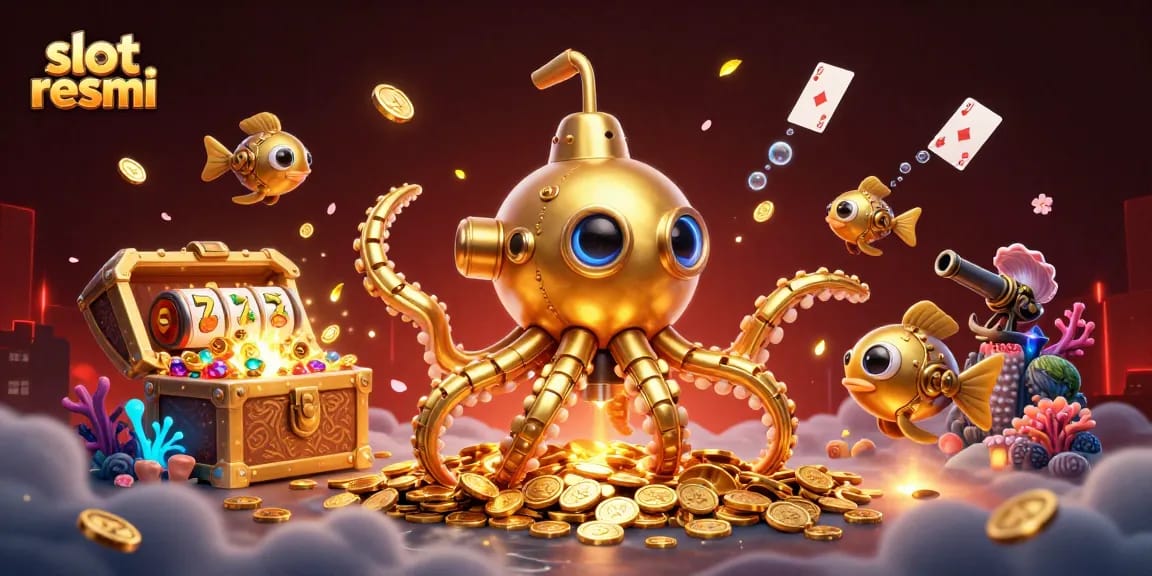 Gali kemenangan dengan slot resmi saat 3D kartun kraken dan ikan mekanik menyelam dalam harta karun.