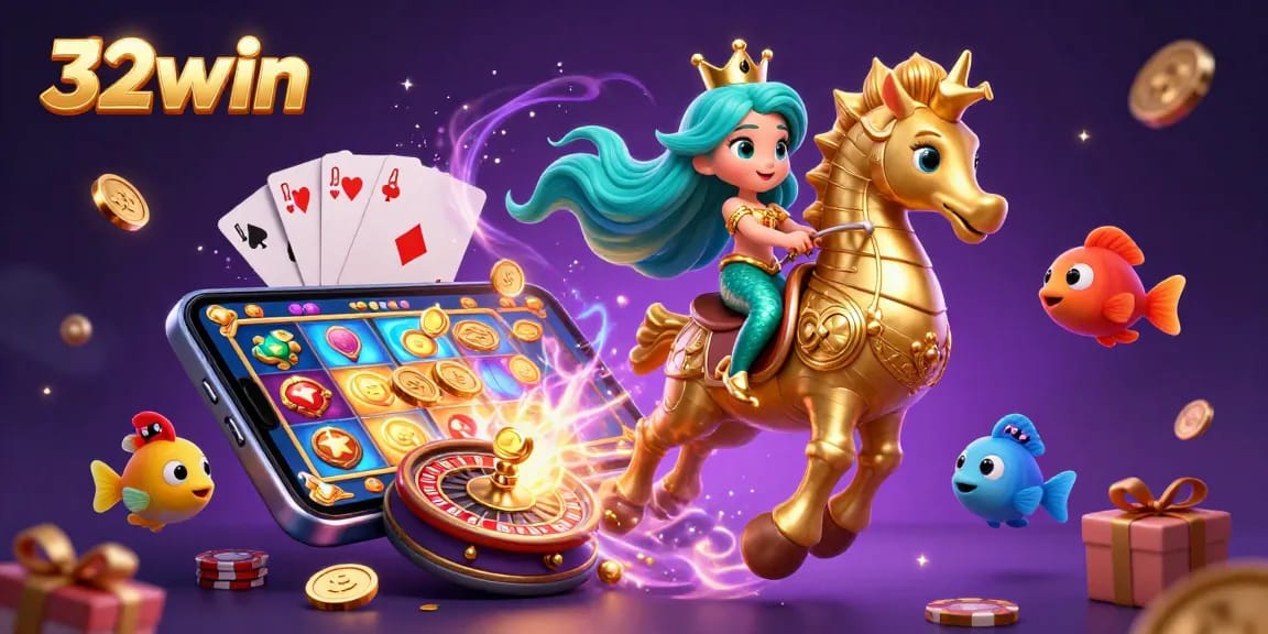 Engage with 32win's enchanting 3D scene featuring a gaming mermaid princess, exploring vibrant slot adventures.
