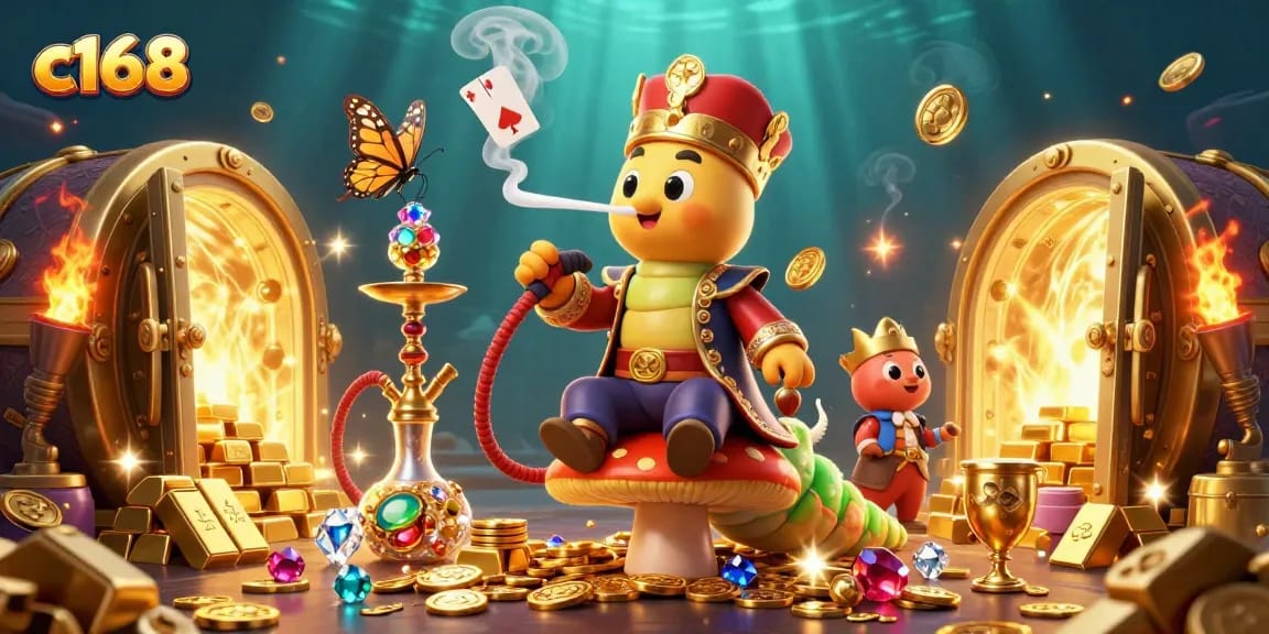 c168 encounters a magical world in vibrant 3D casino illustration packed with poker symbols and treasures.