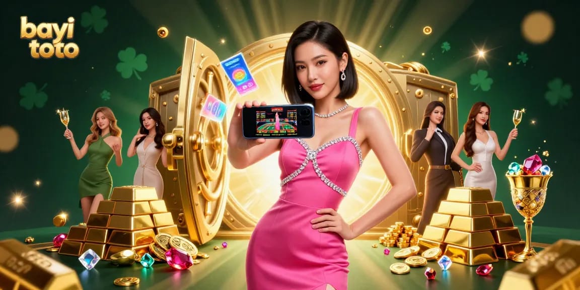 Bayi toto showcases a confident player engaging with live dealer games amidst sparkling casino treasures.