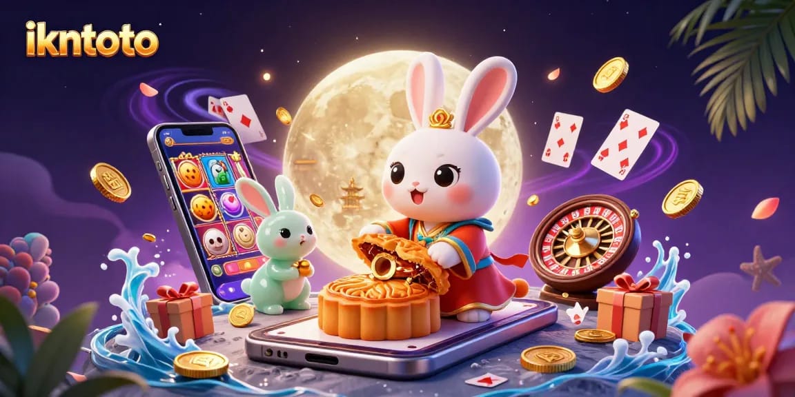 Bet on ikntoto with a vibrant casino scene featuring a moon rabbit and slot games.