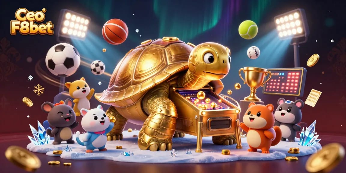 Engage with Ceo F8bet through a vibrant, dynamic casino-themed illustration featuring excited gamers and sports elements.