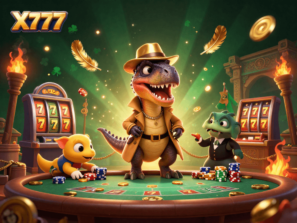 Engage with exciting X777 slots while a velociraptor card counter sneaks chips at a blackjack table