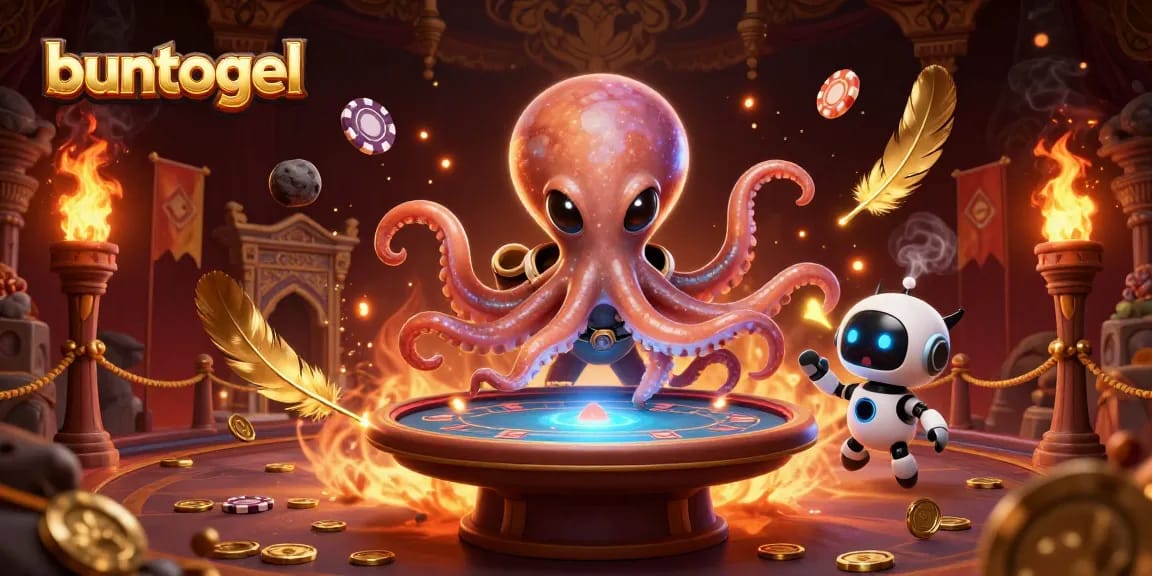 Buntogel showcases an exciting 3D illustration of an alien octopus at a poker table, highlighting vibrant betting action.