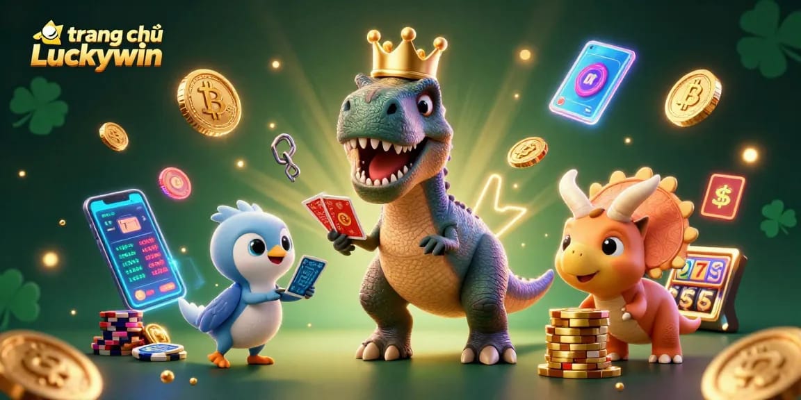 Engage with the vibrant scene at trang chủ Luckywin, featuring a T-Rex shuffling cards and a baby triceratops with golden chips.