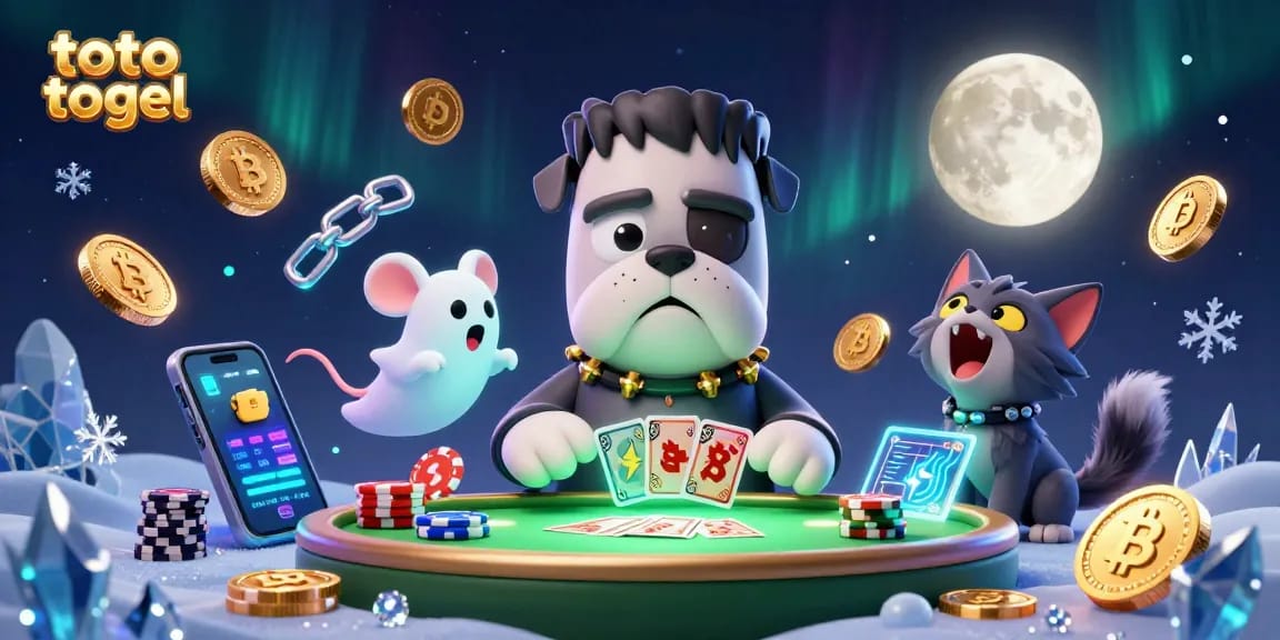 Toto togel menang dengan karakter kasino unik, monster bulldog, tikus hantu, dan detail cerah.