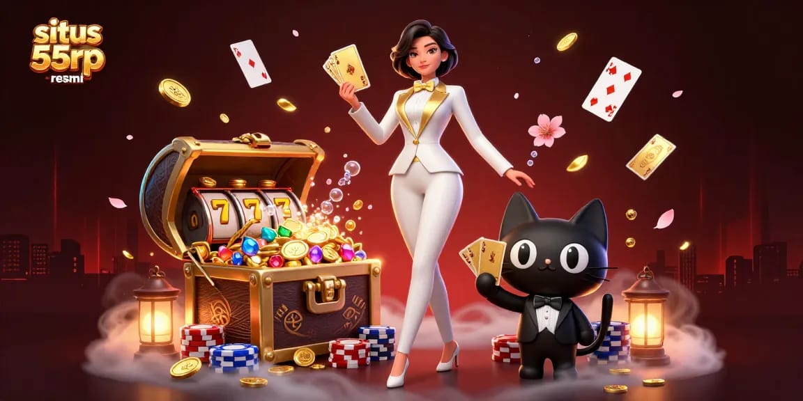 Experience exciting games at situs 55rp resmi with a glamorous casino theme illustration showcasing thrilling elements.