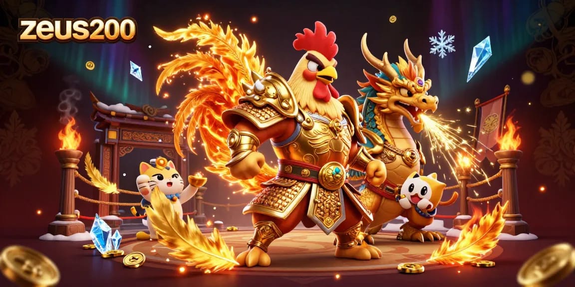 Zeus200 menghadirkan ilustrasi epik petarungan antara petarung ayam dan naga dalam arena kasino.