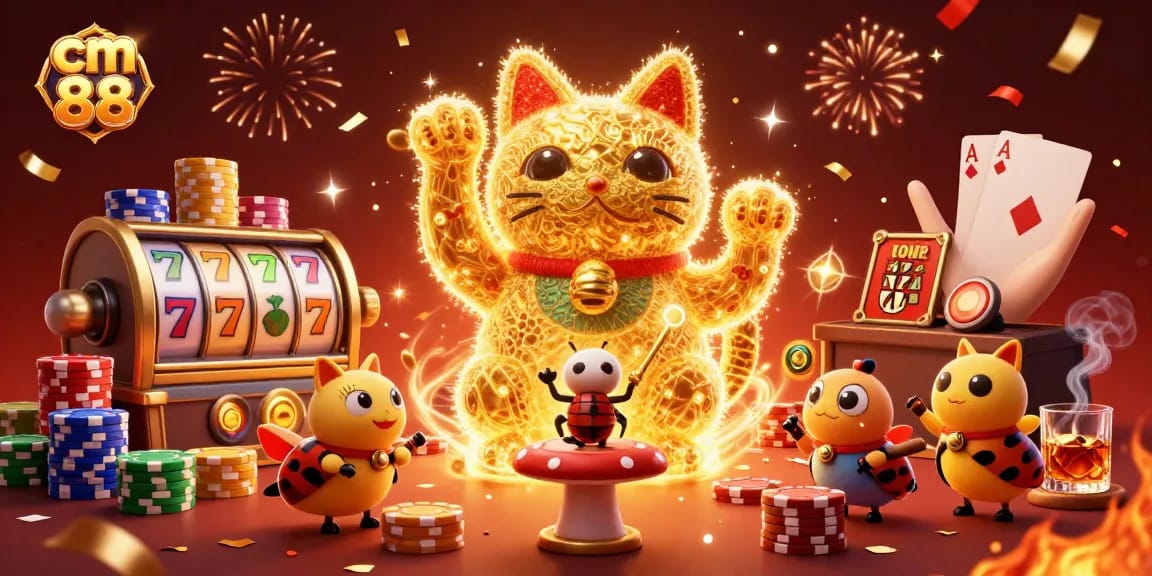 Experience thrilling slots at cm 88 with a vibrant golden lucky cat and dynamic casino elements.