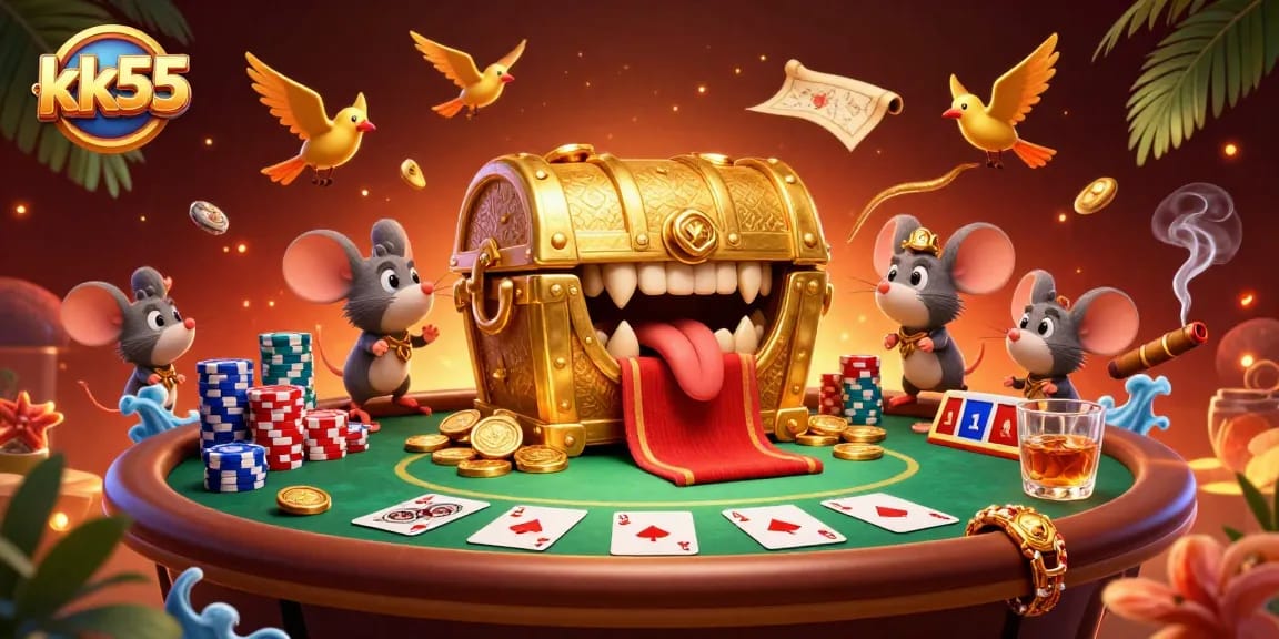 kk55 showcases a dynamic casino scene with colorful poker elements and an engaging treasure chest, attracting playful mice.