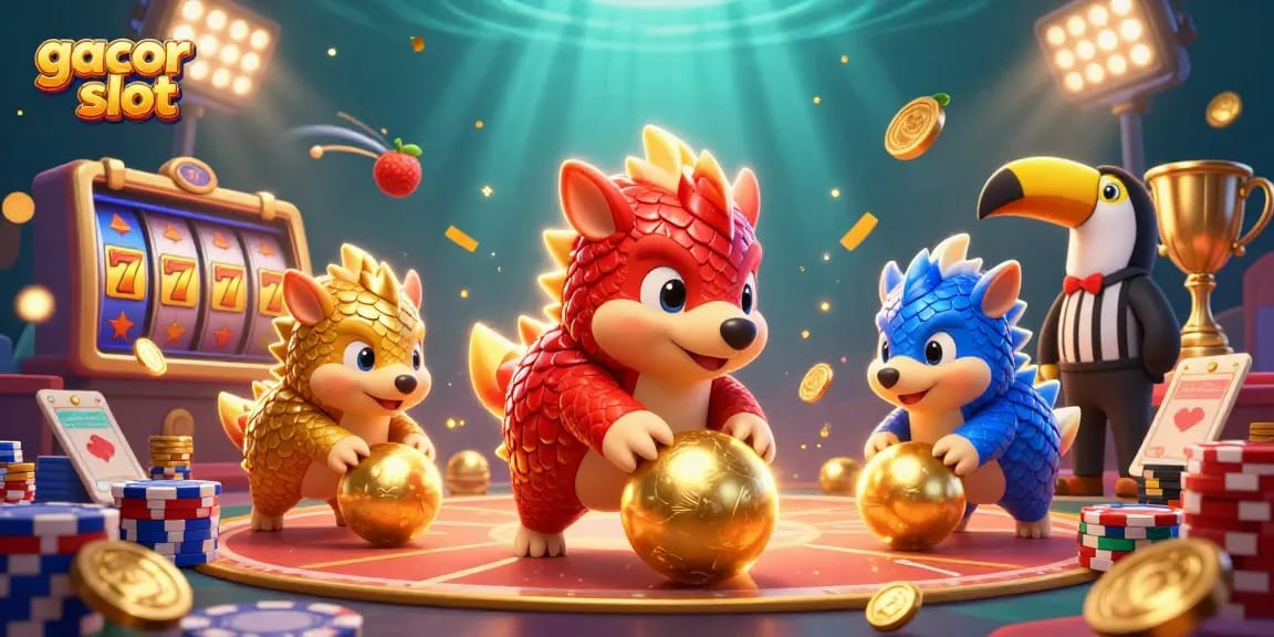Experience the thrilling action of gacor slot with vibrant pangolins and slot elements in this dynamic illustration.