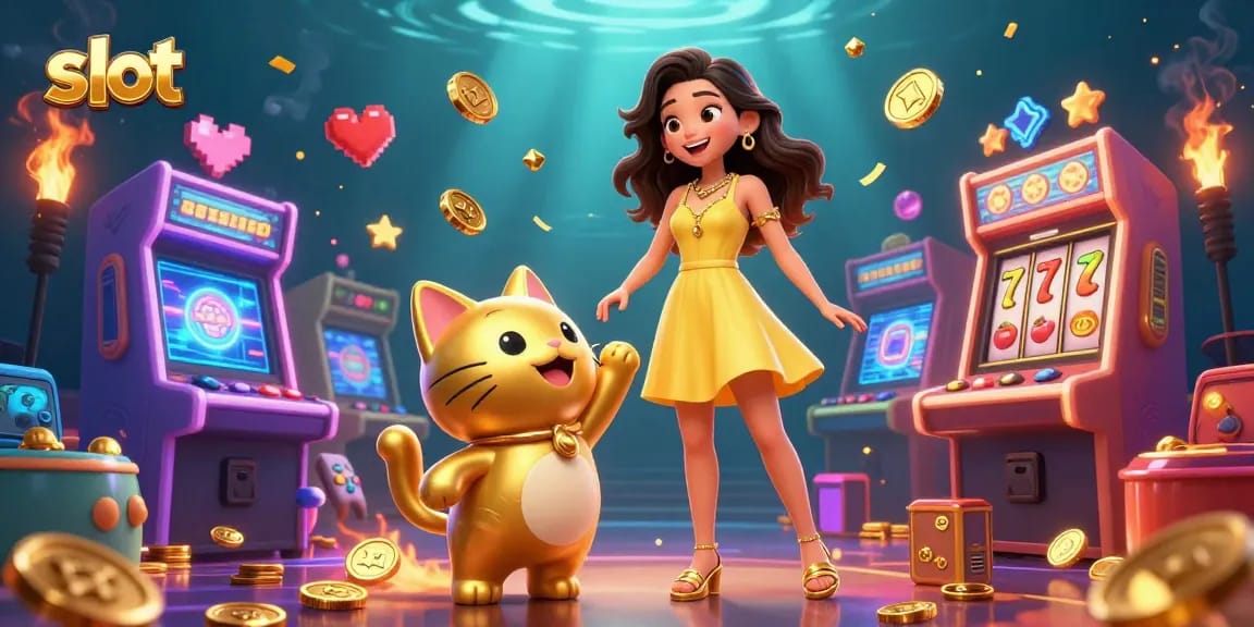 Spin exciting slot games with vibrant characters and gold-rich visuals in this lively illustration.