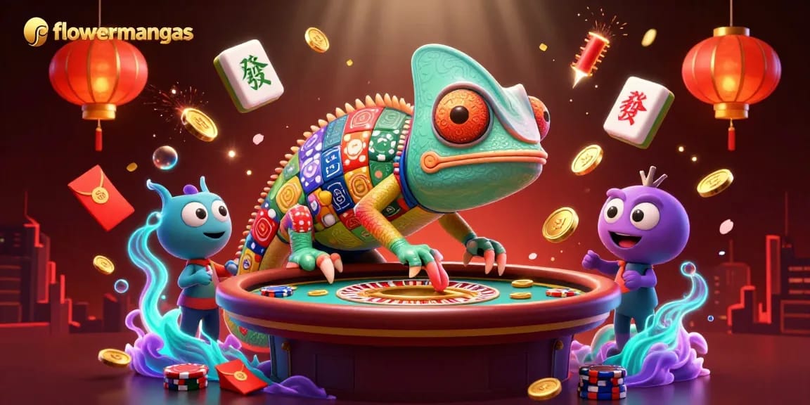 Engaging scene from flowermangas featuring a colorful chameleon casino owner amidst mahjong tiles and symbols.
