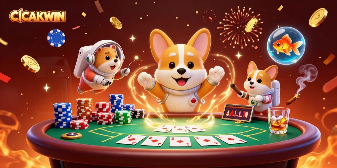 CICAKWIN astronaut corgi navigates a vibrant casino in zero gravity, surrounded by drifting poker chips and festive confetti.