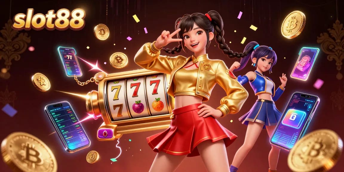 Spin to win with slot88 as colorful slots, jackpot symbols, and Bitcoin coins come alive.