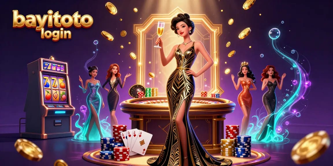 Join the bayitoto login for exciting gaming experience, featuring vibrant slot reels and glamorous ambiance.
