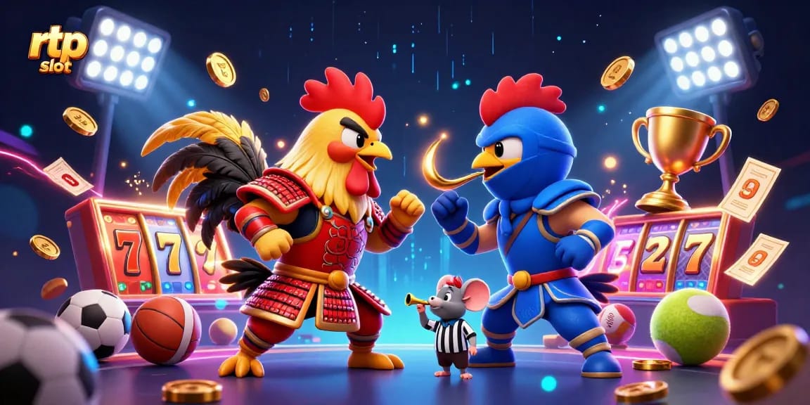 Engage with thrilling rtp slot action as roosters face off amidst dynamic betting elements in a vibrant casino atmosphere.