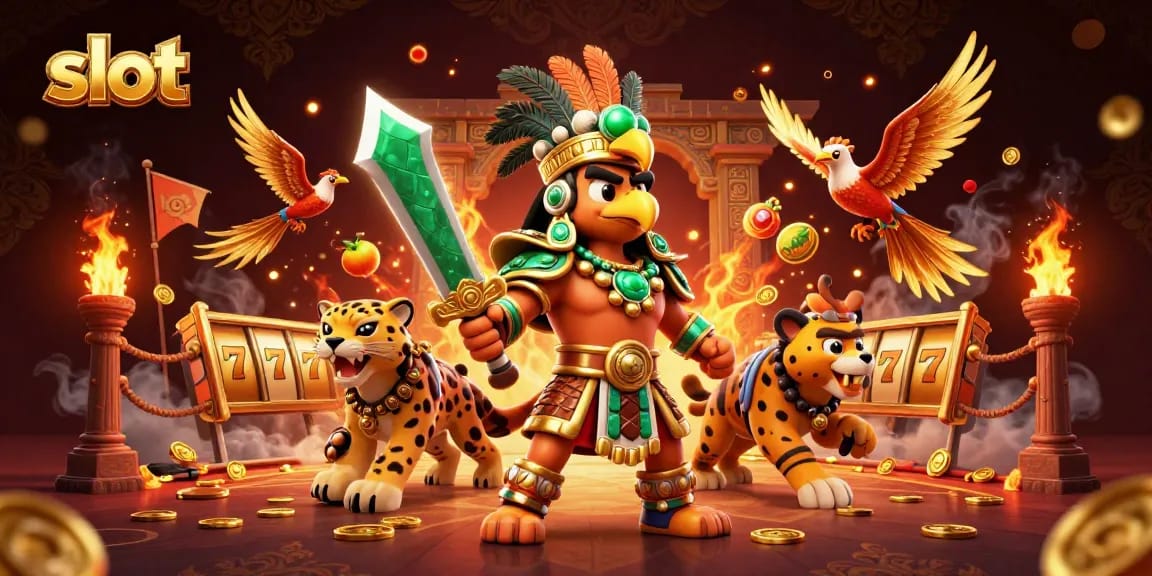 Menangkan slot dengan ilustrasi karakter pejuang Aztec, koin emas, dan simbol keberuntungan dalam suasana meriah.