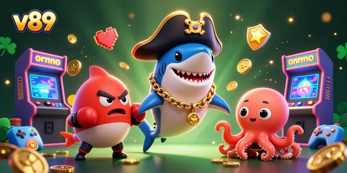 Mainkan slot di v89 dengan karakter lucu dan elemen kasino seperti mesin permainan dan koin emas.