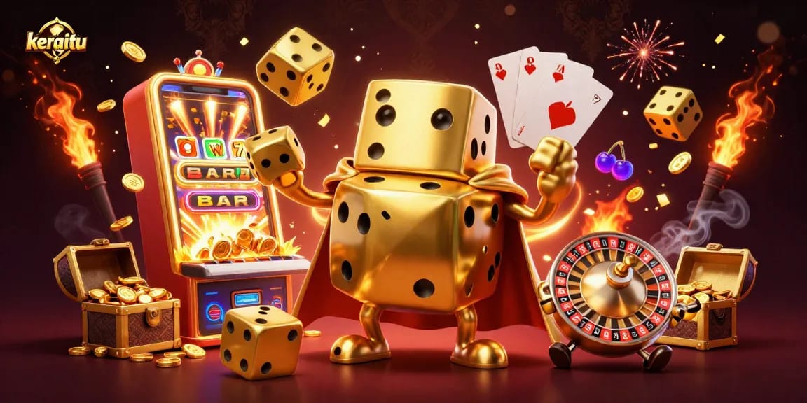 Engage with the energetic casino scene in a colorful kerajitu illustration featuring a golden dice golem.