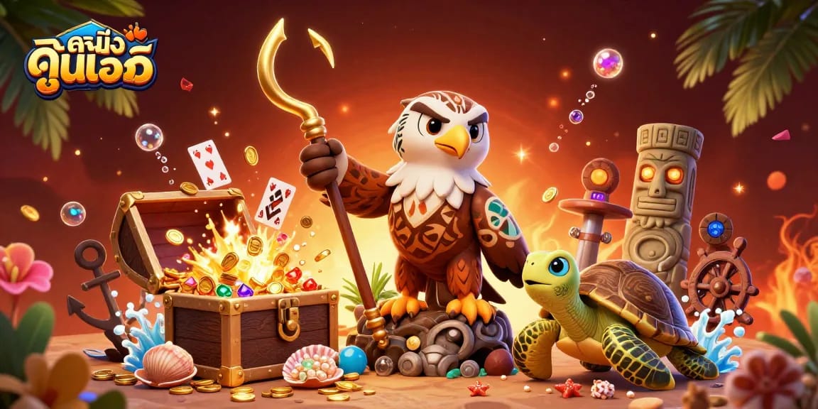 Experience ดูหนังออนไลน์ with a vibrant scene featuring a hawk wielding a golden fish hook amidst sparkling casino treasures.