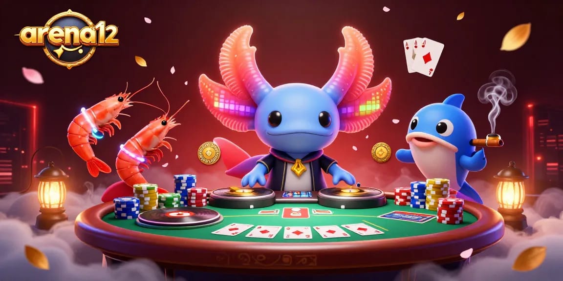 Memenangkan jackpot di arena212 dengan DJ axolotl dan teman-teman yang bersemangat, dikelilingi suasana kasino yang meriah.