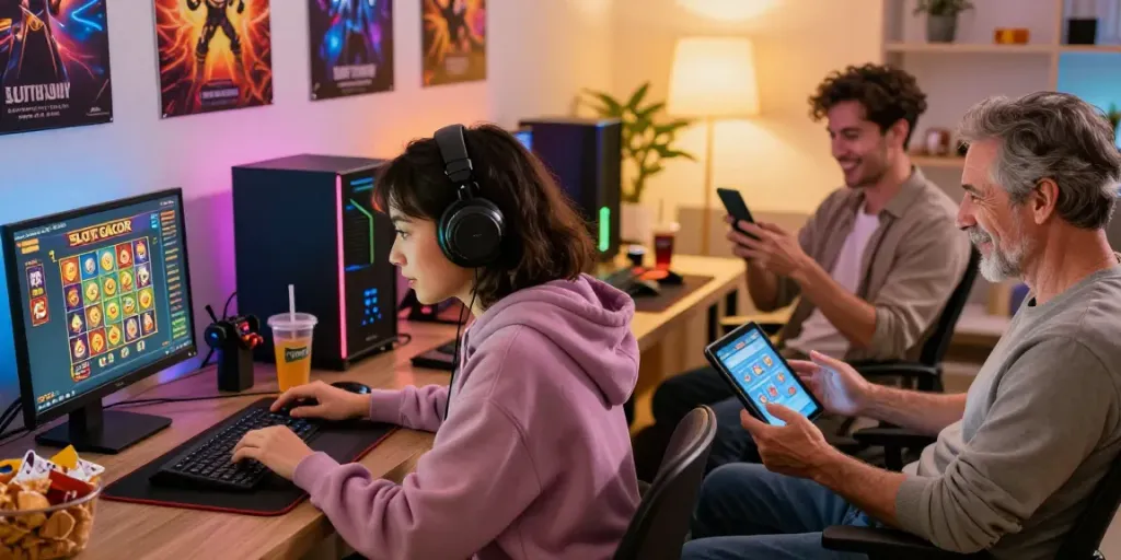 Pemain sedang menikmati pengalaman SLOT GACOR di perangkat mereka dengan suasana bermain yang ceria dan menyenangkan.