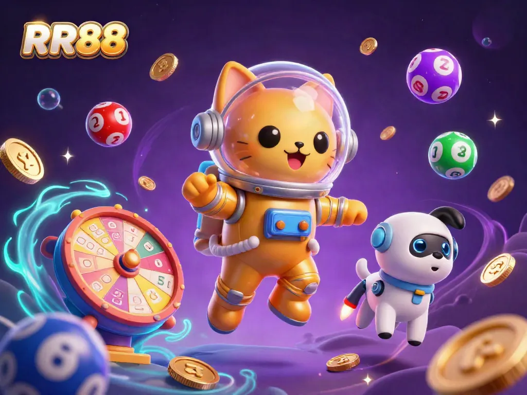 Experience thrilling jackpots at RR88 with a 3D astronaut cat amidst dynamic lottery elements.