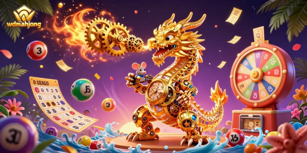 Engage with thrilling WDMAHJONG gameplay featuring vibrant lottery elements and a golden dragon illustration.