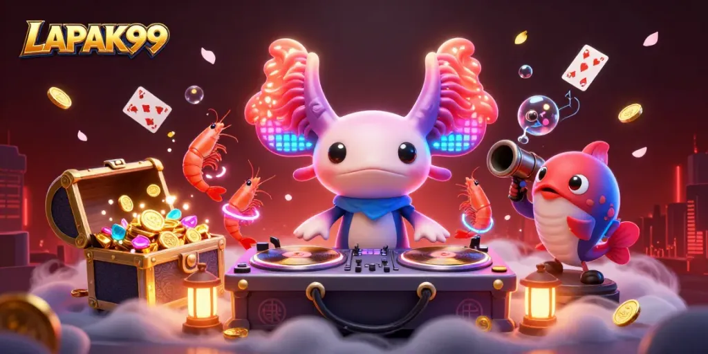LAPAK99 offers vibrant online gaming excitement with a dynamic underwater illustration of casino elements.