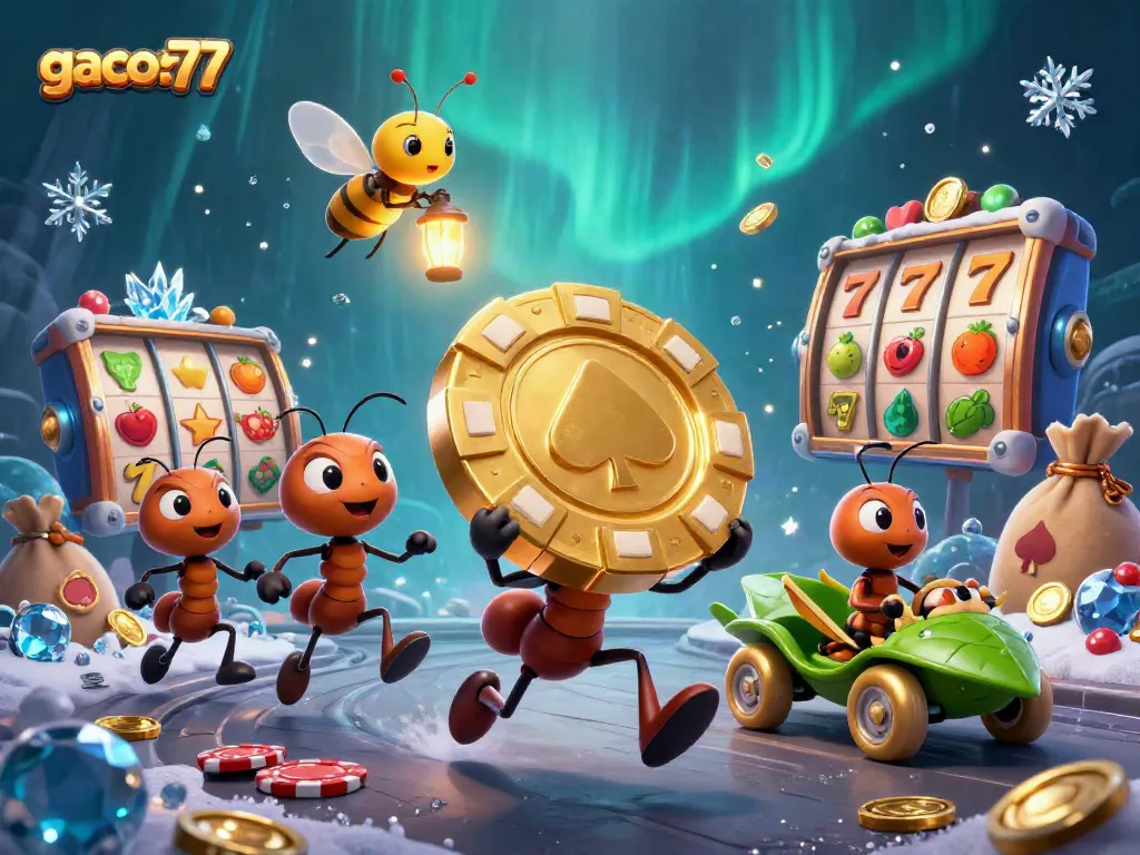 Gacor77 merayakan kemenangan dengan chip poker emas di tengah slot yang berkilauan.