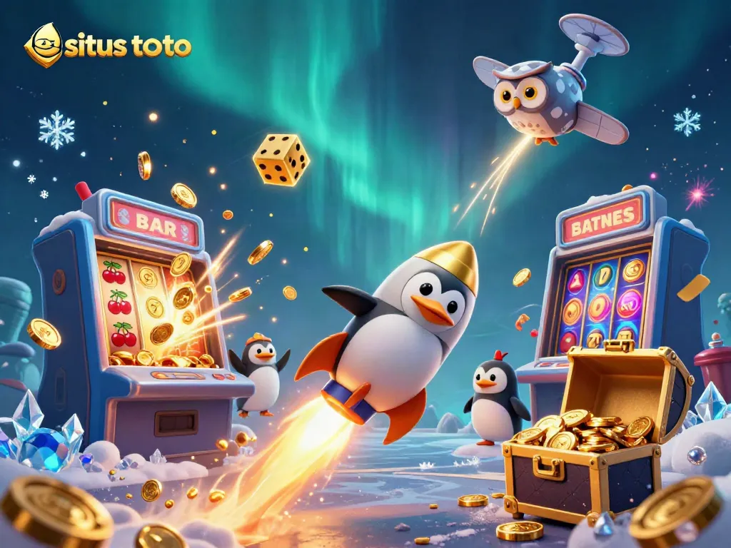 Experience situs toto excitement with a dynamic casino scene featuring a golden penguin and vibrant slot machine