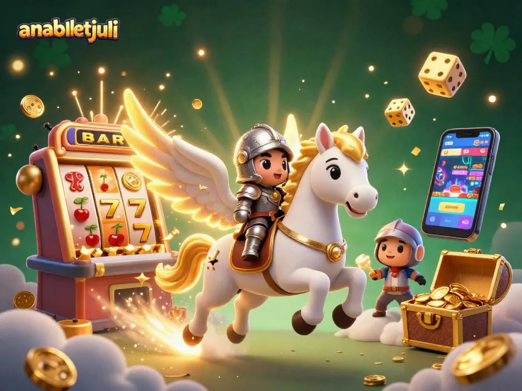Putar slot di anabulbetjuli dengan kuda putih bersayap dan mesin jackpot berkilau.