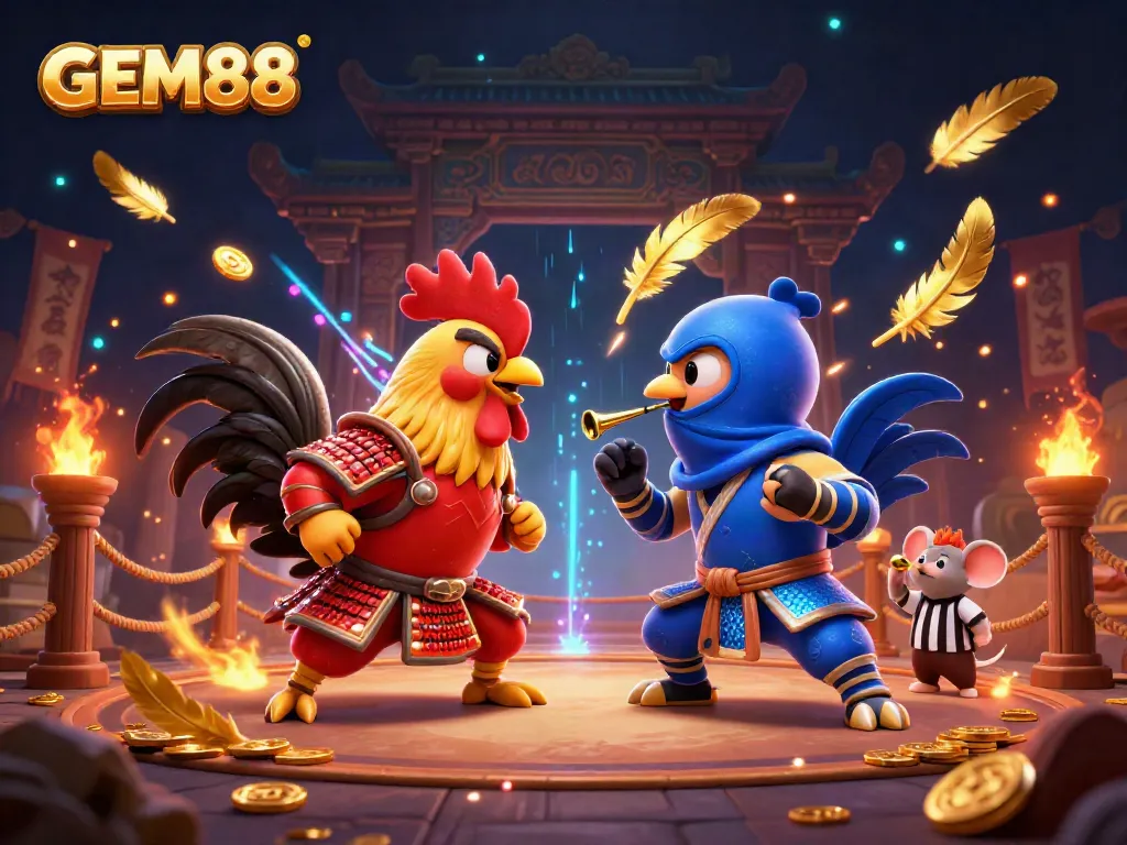Experience exhilarating action at GEM88 with vibrant 3D cartoon roosters in combat, embodying the thrill of gaming.