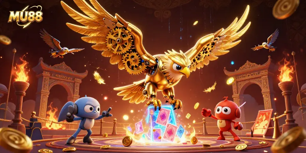 Experience the thrill of MU88 with a dynamic cybernetic eagle amidst holographic cards and rich casino elements.