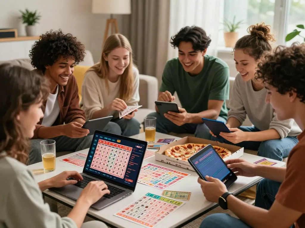Geng teman merayakan kebersamaan dan membahas angka togel di rumah, menampilkan elemen menarik dari alexistoto.