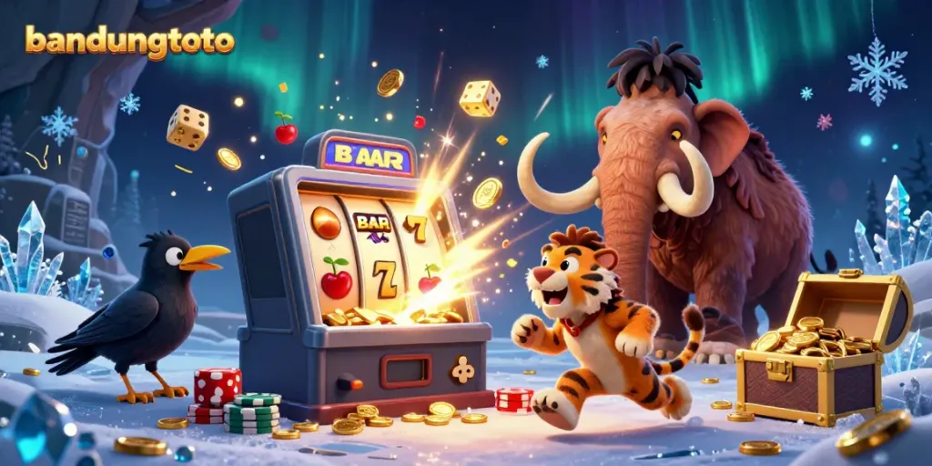 Experience thrilling wins at bandungtoto with a fun cartoon casino scene featuring wild characters and jackpots.