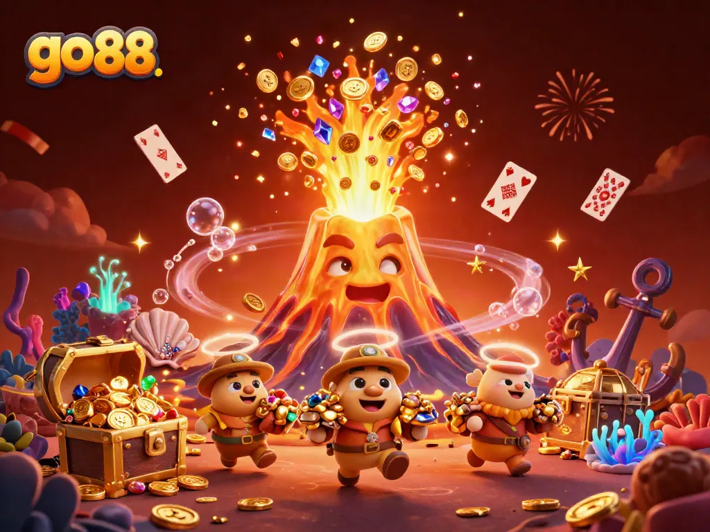 Experience the thrill of go 88 with a golden volcano erupting treasure in a vibrant casino scene.