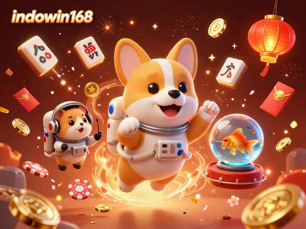 Experience thrilling action at indowin168 with a floating astronaut corgi casino scene, rich in vibrant details.