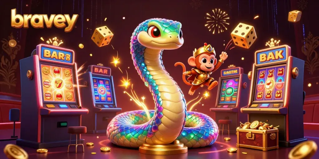 bravey showcases vibrant casino scene with colorful elements and 3D characters celebrating a jackpot