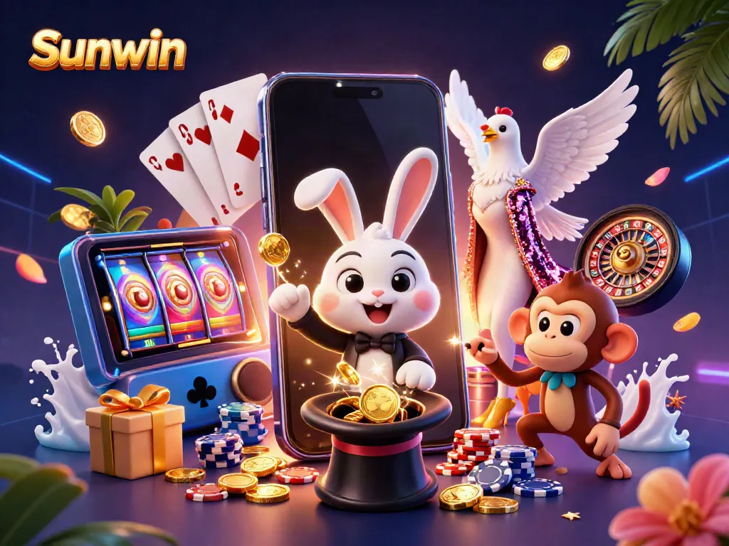 Experience thrilling gameplay with Sunwin in this vibrant gambling illustration filled with casino elements.