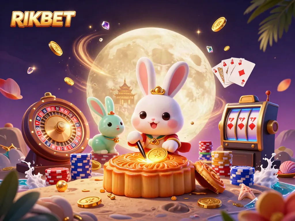 Experience thrilling gameplay at RIKBET with golden mooncakes and poker chips in a vibrant casino scene.