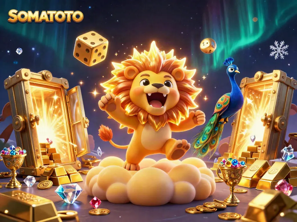 SOMATOTO features a 3D cartoon sun lion with golden dice and treasure in a casino-themed illustration.