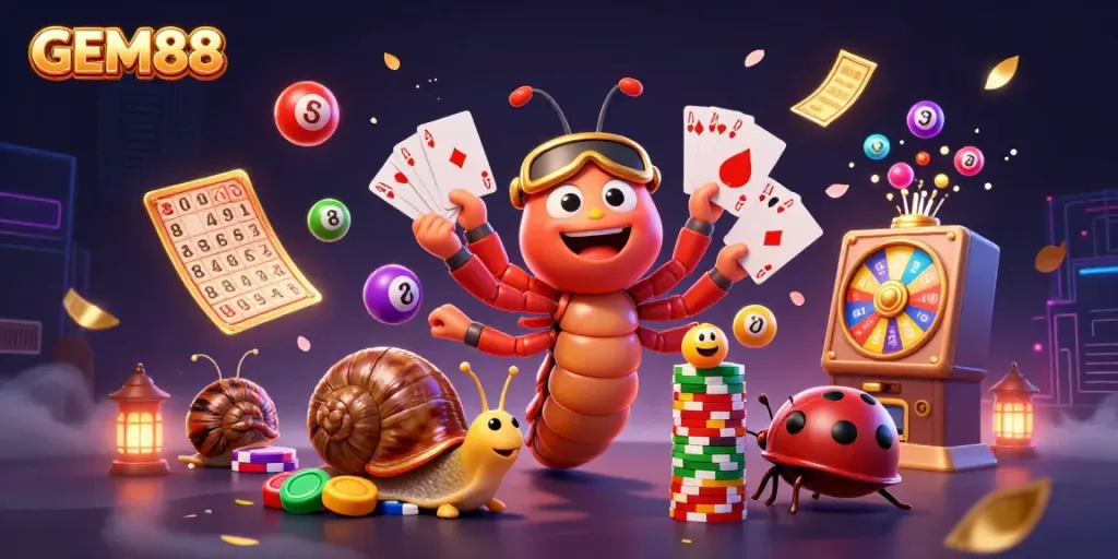 Experience GEM88's vibrant casino atmosphere with thrilling gaming action and dynamic characters.