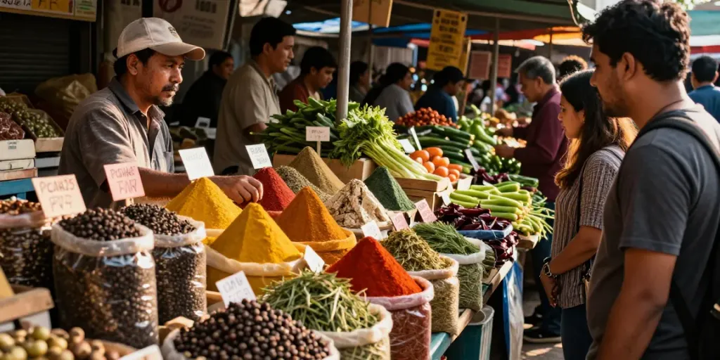 Pasar makanan yang ramai dengan pecah25 lada hitam segar dan rempah-rempah yang berwarna-warni.