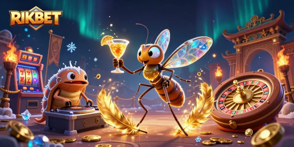 Experience RIKBET with vibrant characters and dynamic casino elements in an animated 3D scene.