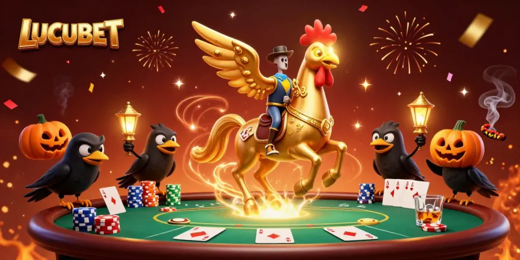Experience the thrill at LUCUBET with a golden rooster hero in a vibrant casino scene.