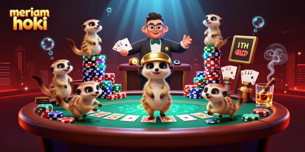 Meerkat cerdas beraksi di kasino meriam hoki, menggenggam chip dan bermain kartu.