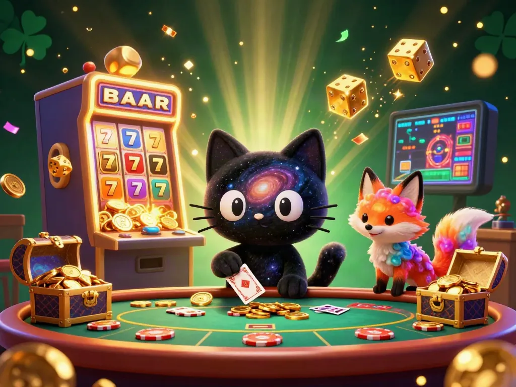 MARIATOGEL showcases thrilling jackpots at a cosmic casino with vibrant characters and casino elements.